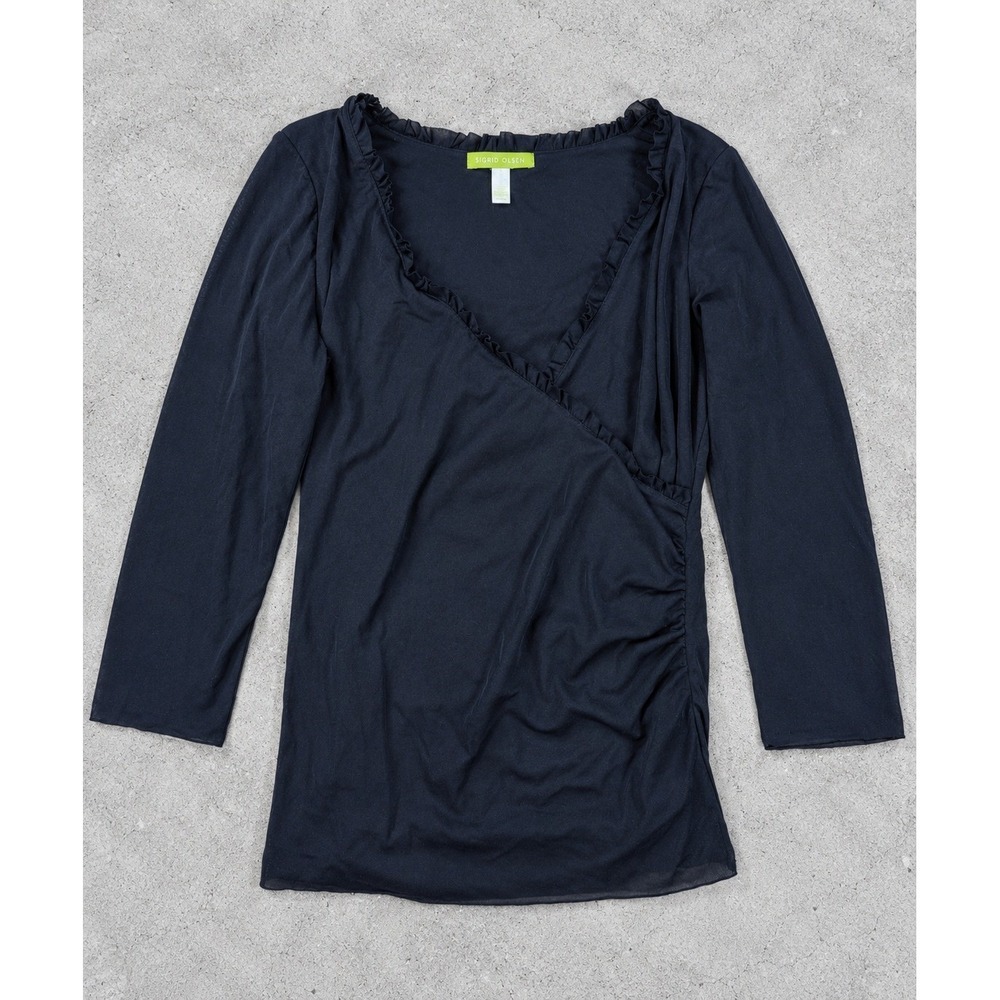 Sigrid Olsen Black Faux Wrap Top Ruffle Mesh Overlay V-Neck 3/4 Sleeve Blouse M - Picture 1 of 9